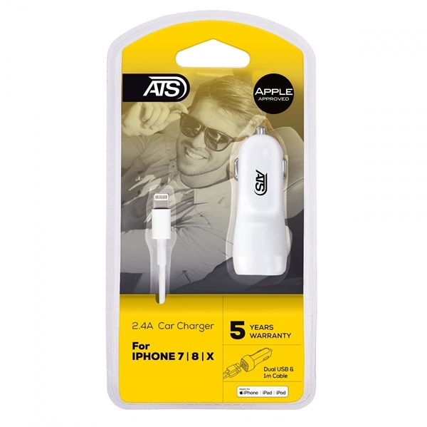 ATS 2.4A Dual USB Apple Approved Car Charger for iPhone