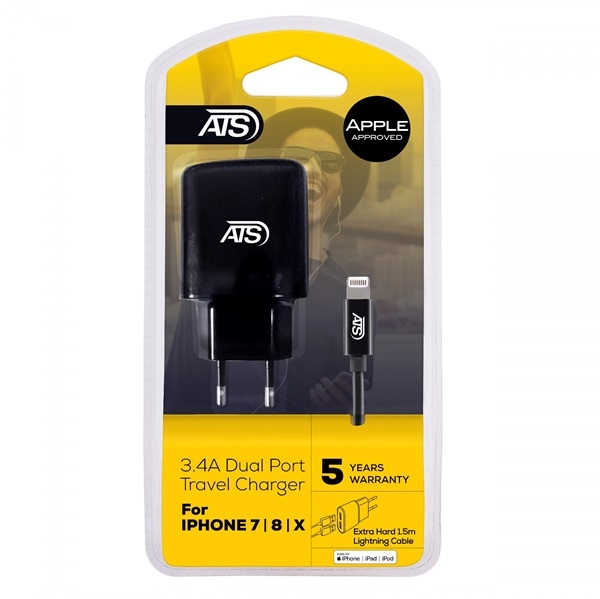 ATS 3.4A Dual USB Travel Charger Apple Approved for iPhone