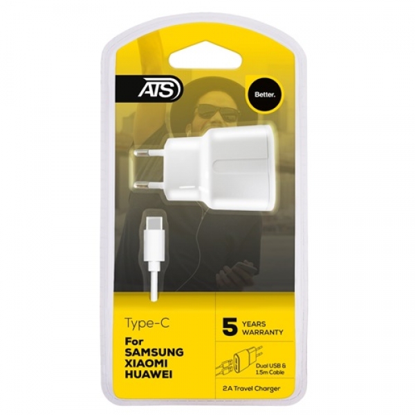 ATS 2A Dual USB Type-C Travel Charger